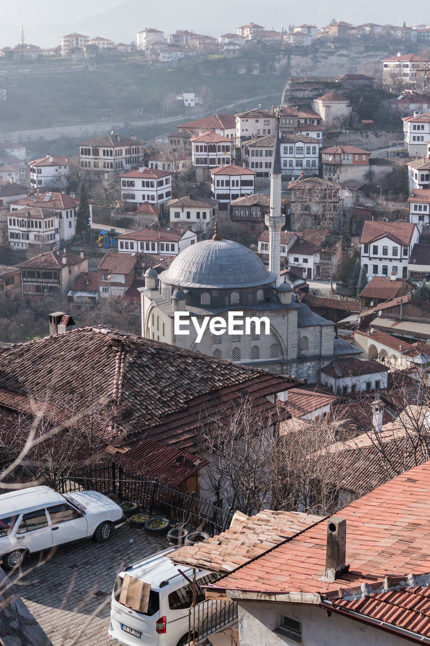 High angle view of buildings in city