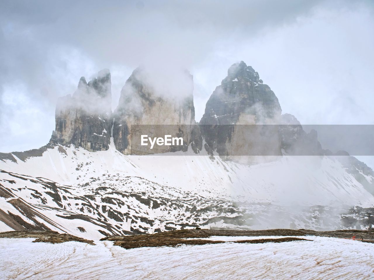 North side of sexten dolomites symbol - tre cime. may view from popular trail around the rocks