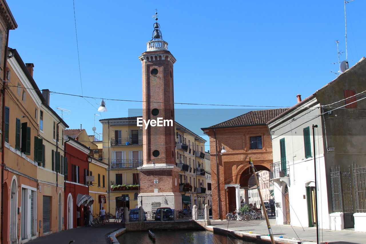 View of buildings against clear blue sky