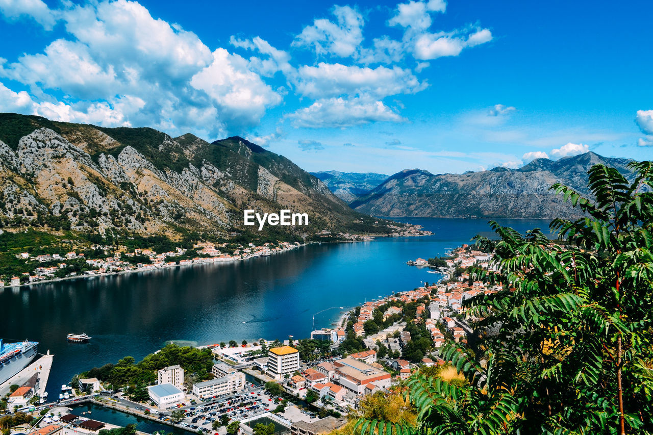 High angle view of lake against cloudy sky