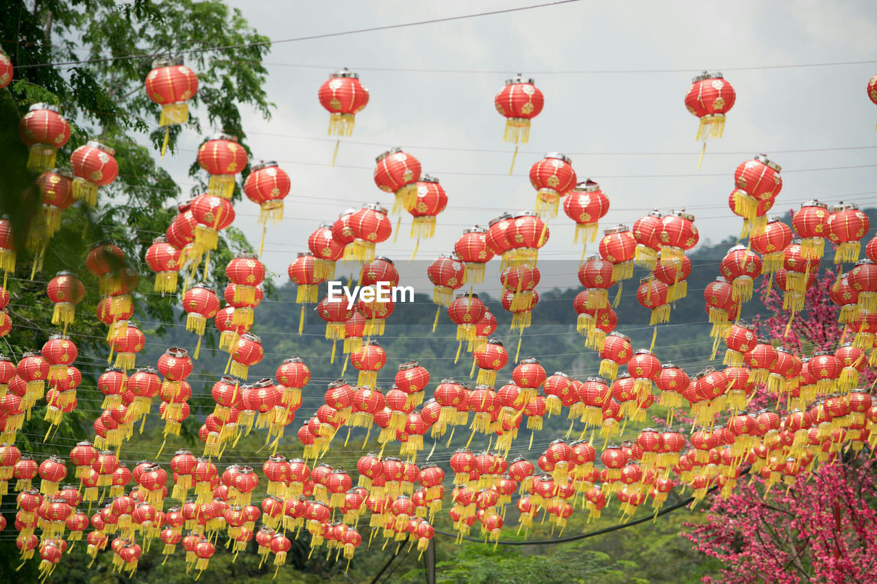 Low angle view of lanterns hanging against sky