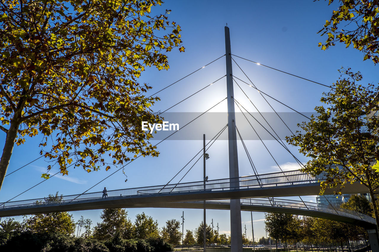 Low angle view of suspension bridge against clear sky