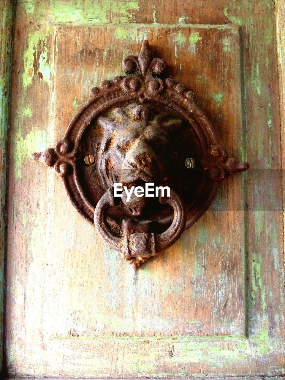 CLOSE-UP OF OLD DOOR KNOCKER ON WOODEN WALL