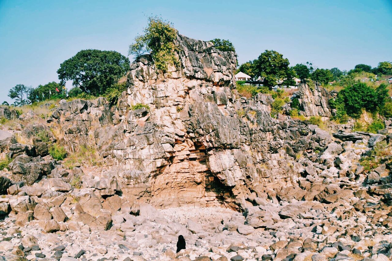 Low angle view of rocky landscape against clear sky