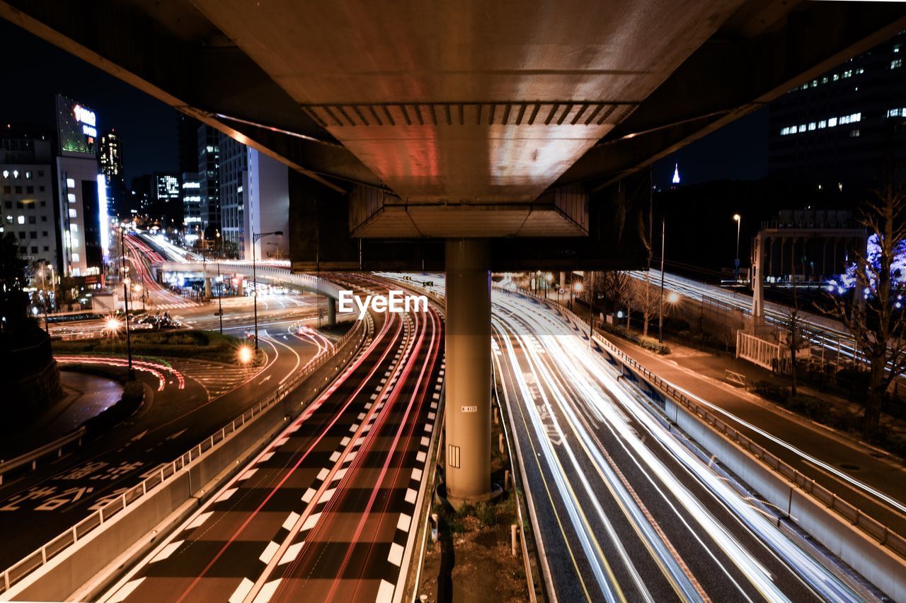 Light trails on road at night