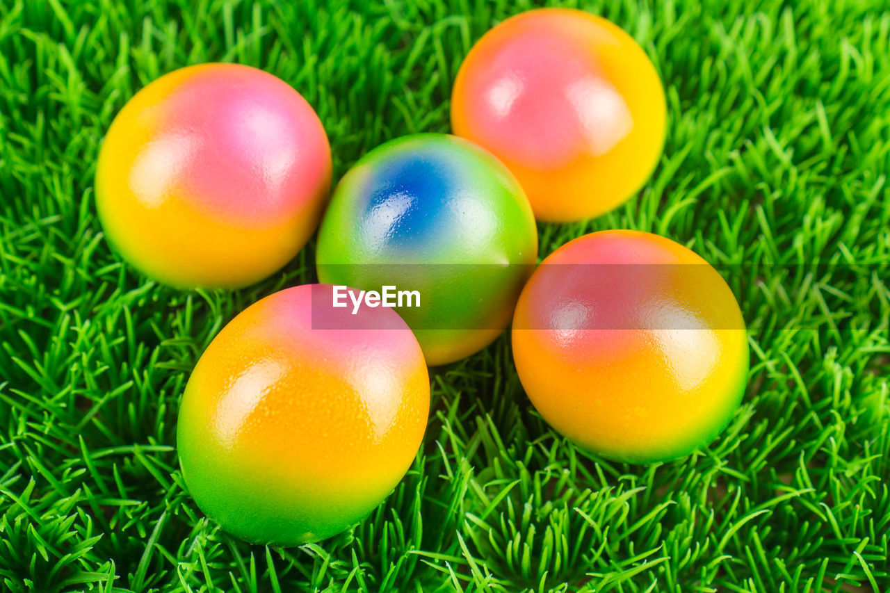 Close-up of colorful easter eggs in lawn
