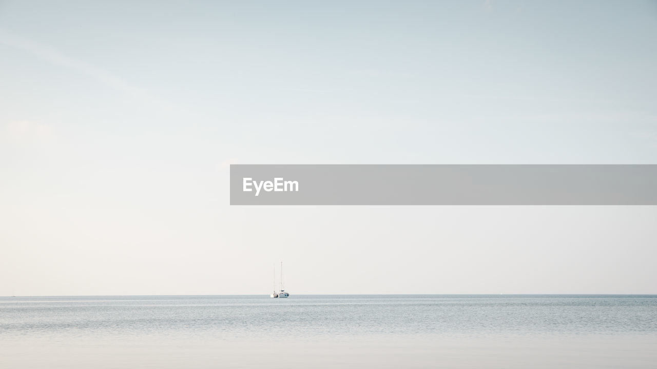 Sailboat sailing in sea against clear sky