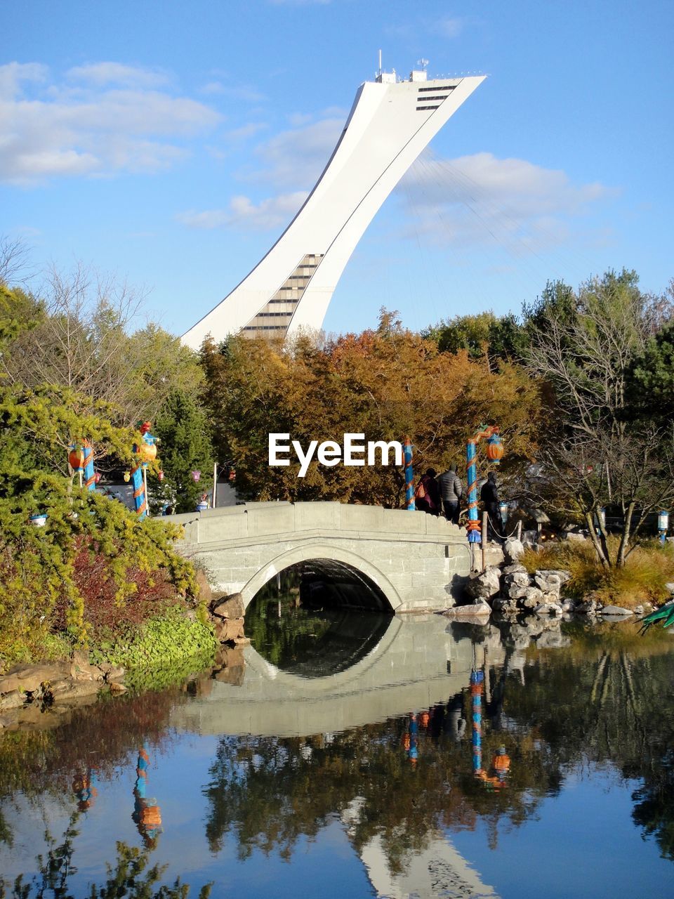 BRIDGE OVER POND IN GARDEN