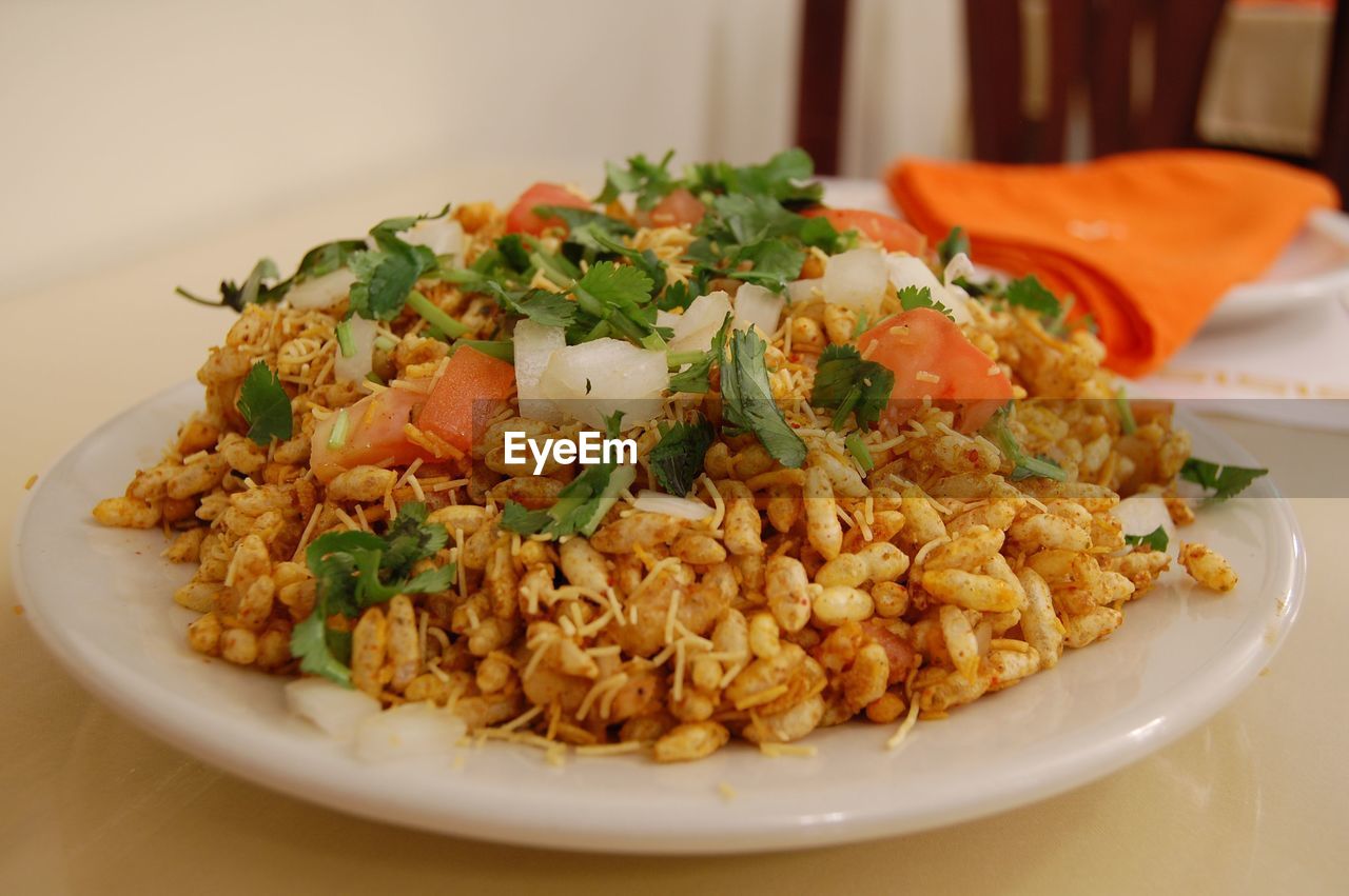 Close-up of bhel close-upved in plate