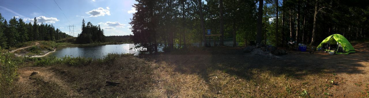 RIVER AMIDST TREES IN FOREST AGAINST SKY