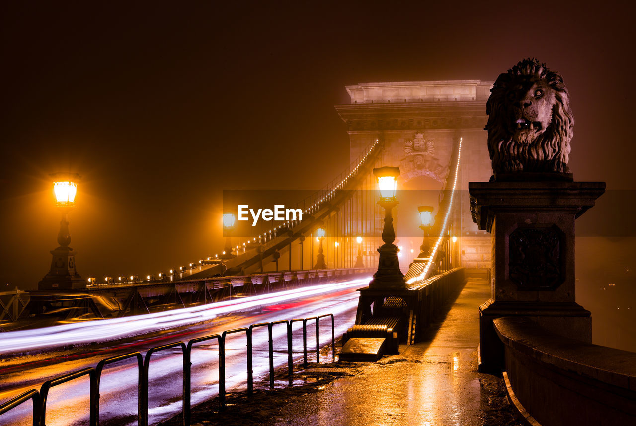 Light trials on szechenyi chain bridge at night