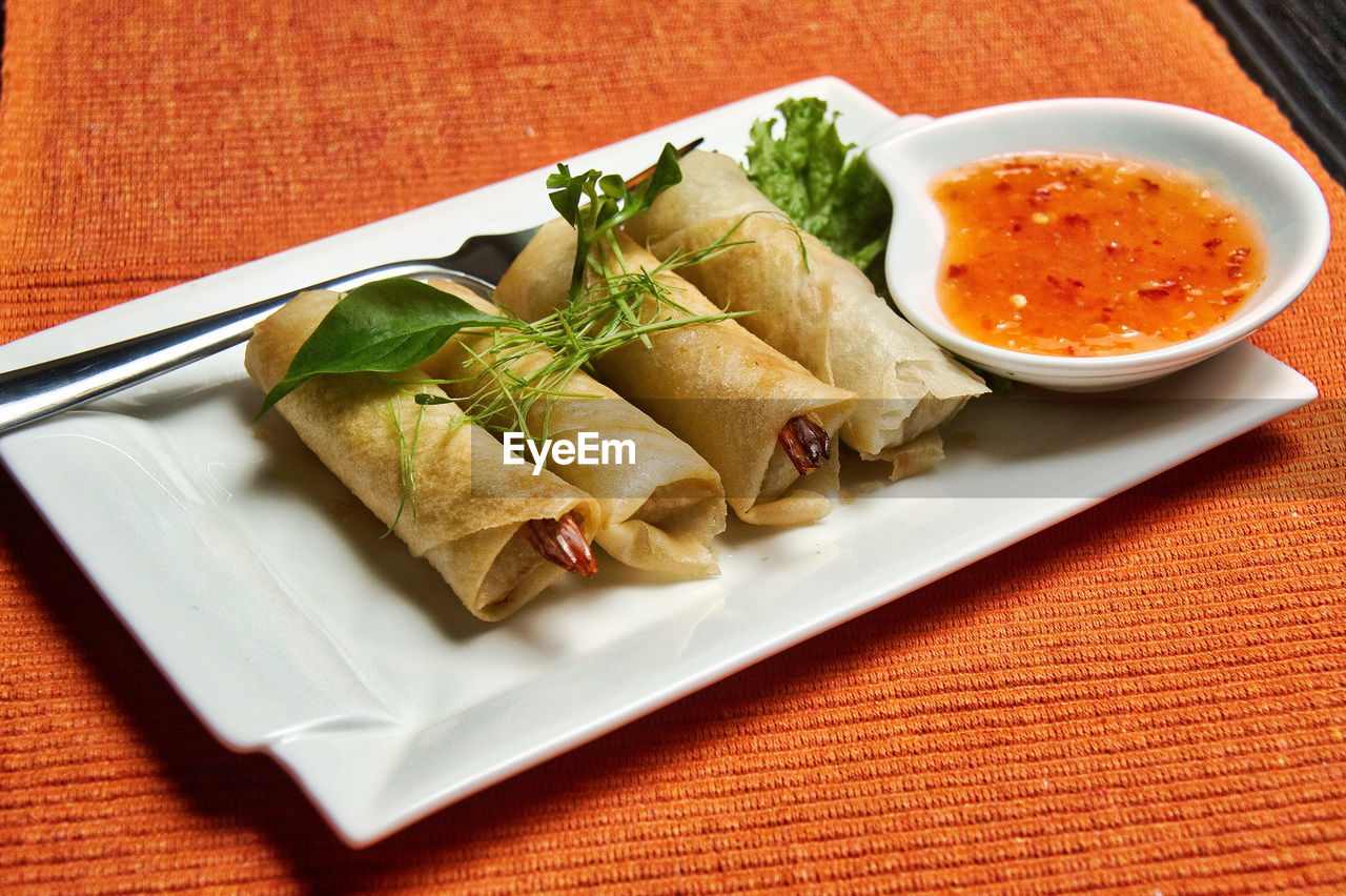 High angle view of food served in plate on table