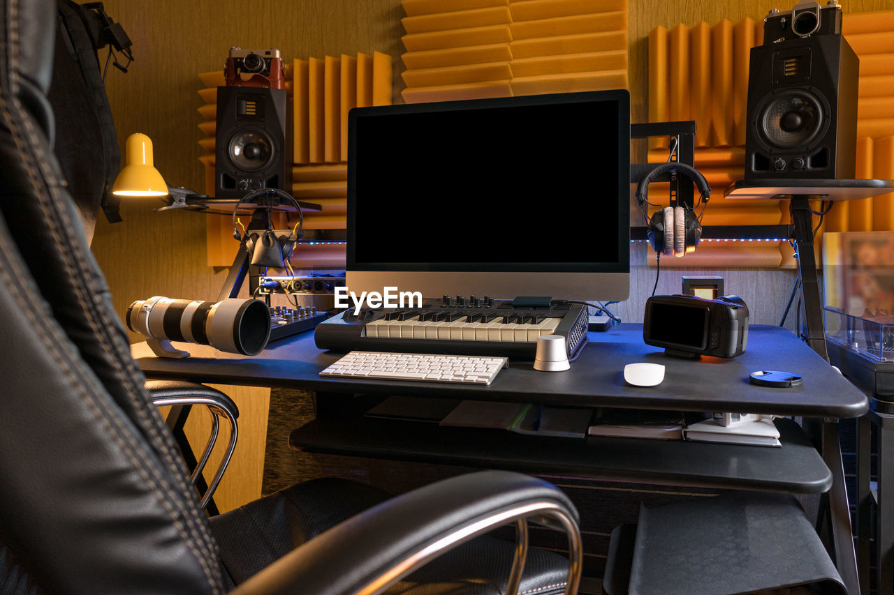 Close-up of musical equipment on table