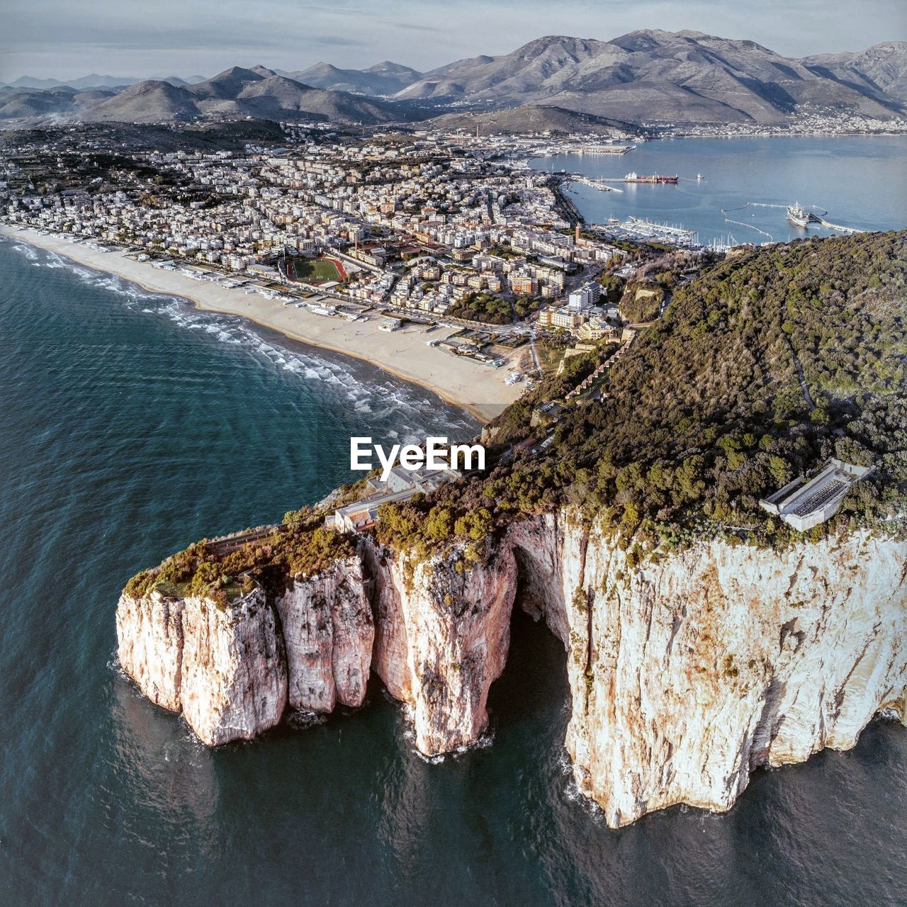 High angle view of beach and townscape