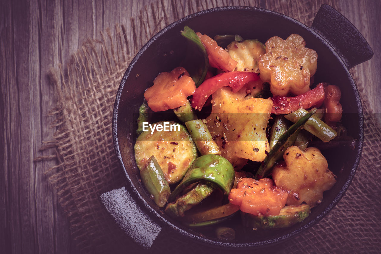 High angle view of food in utensil on table