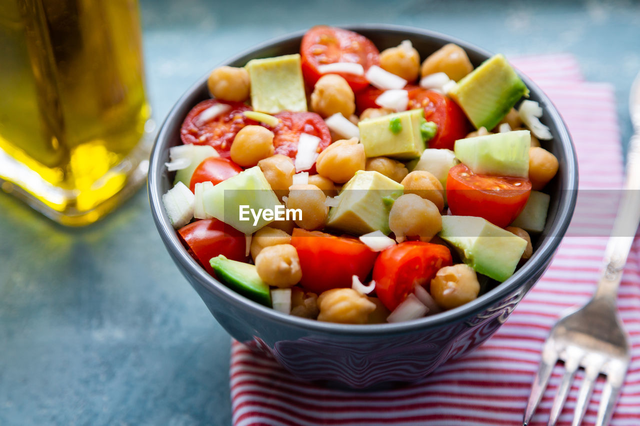 high angle view of salad in bowl on table