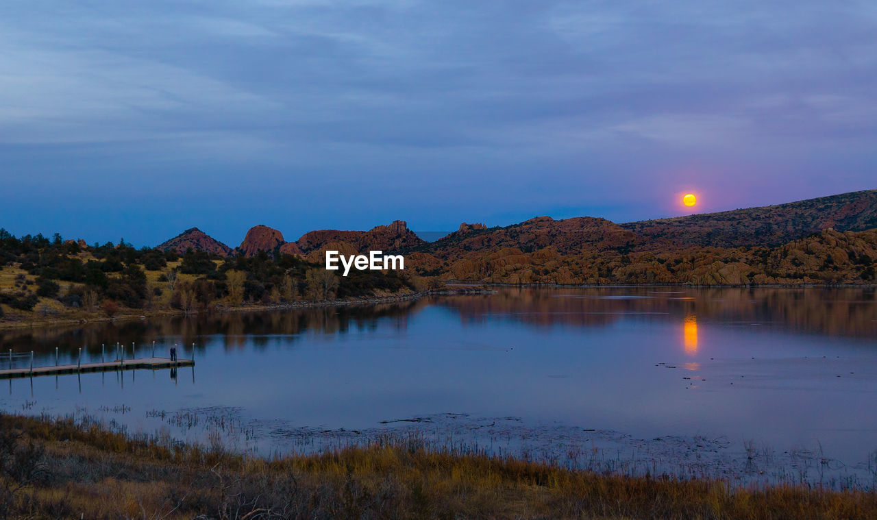 Scenic view of lake by mountains against sky