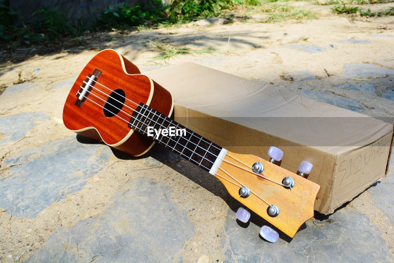 HIGH ANGLE VIEW OF GUITAR ON THE LAND