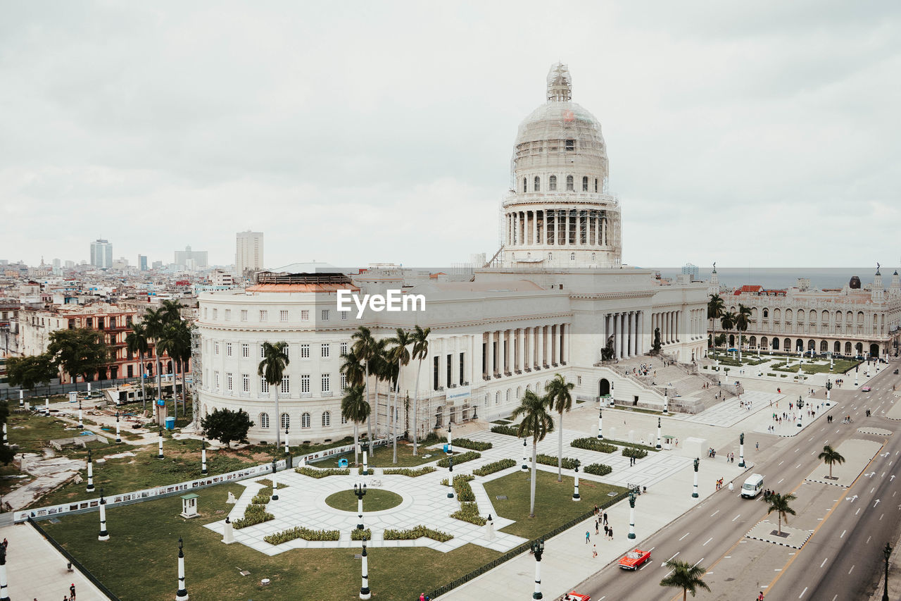 High angle view of historic buildings in city