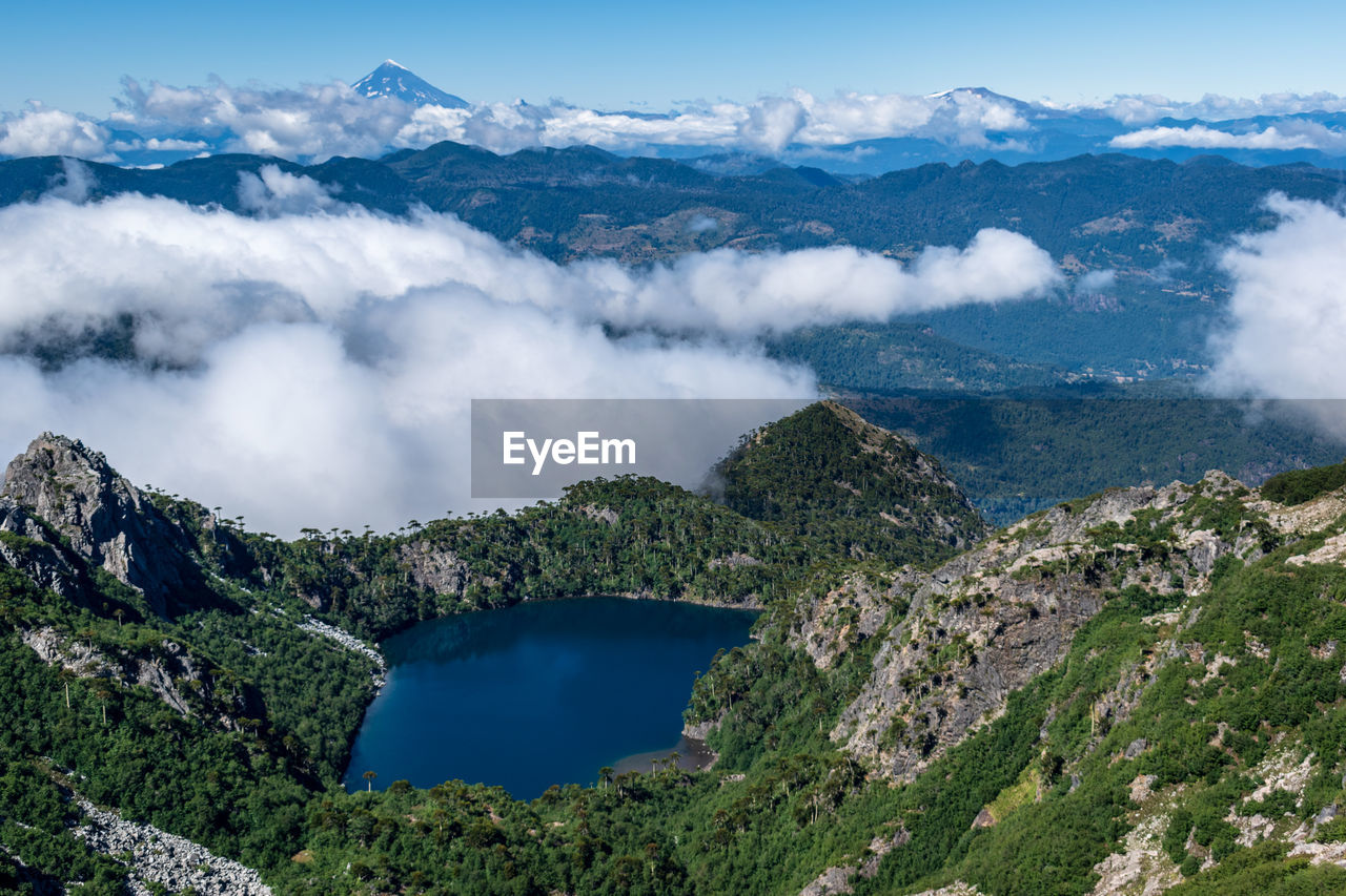 High angle view of lake amidst mountains against sky
