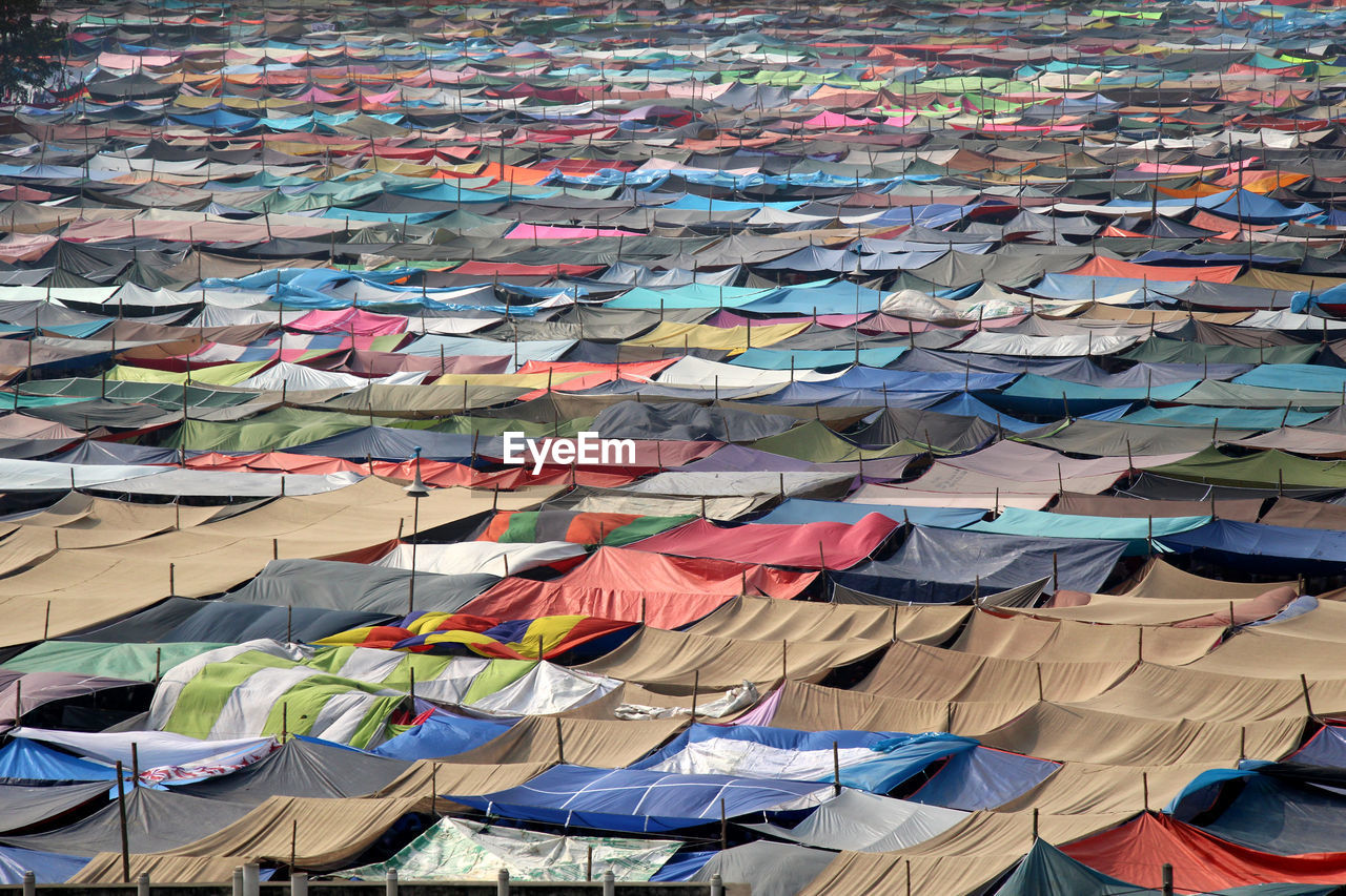 High angle view of multi colored umbrellas hanging