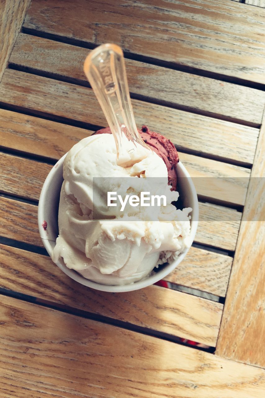 Directly above shot of gelato in bowl on wooden table