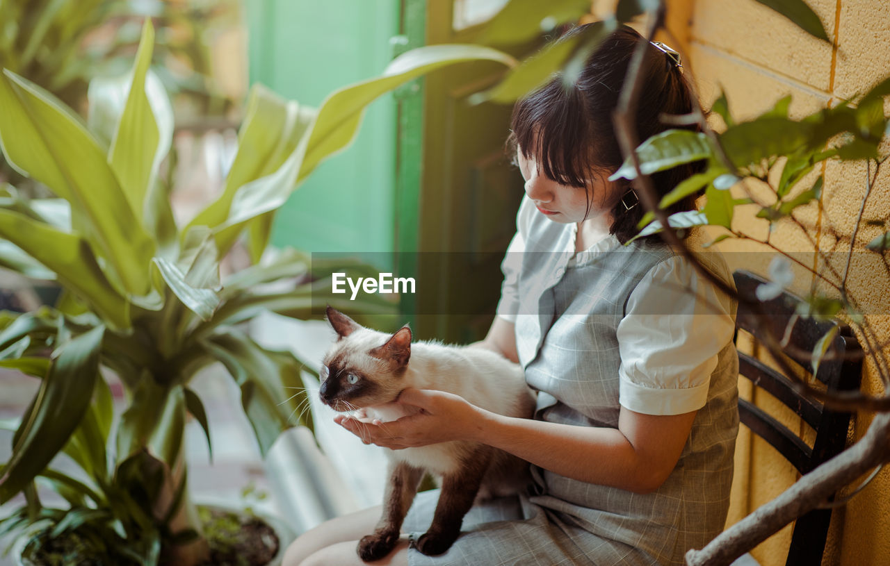 Woman with cat sitting by plants on chair