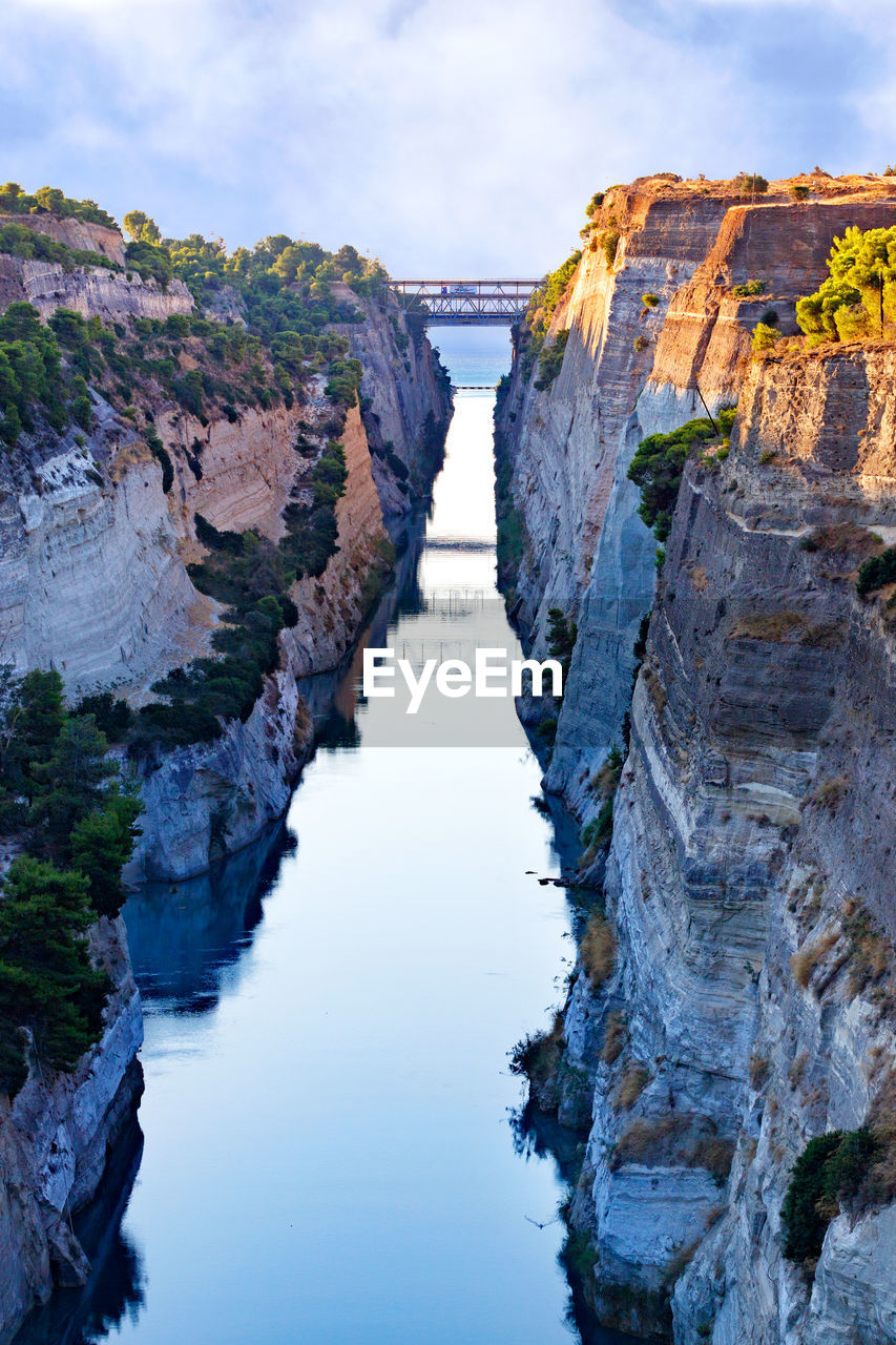 The corinth canal with its rocky cliffs, as  transport water corridor between the two seas of greece