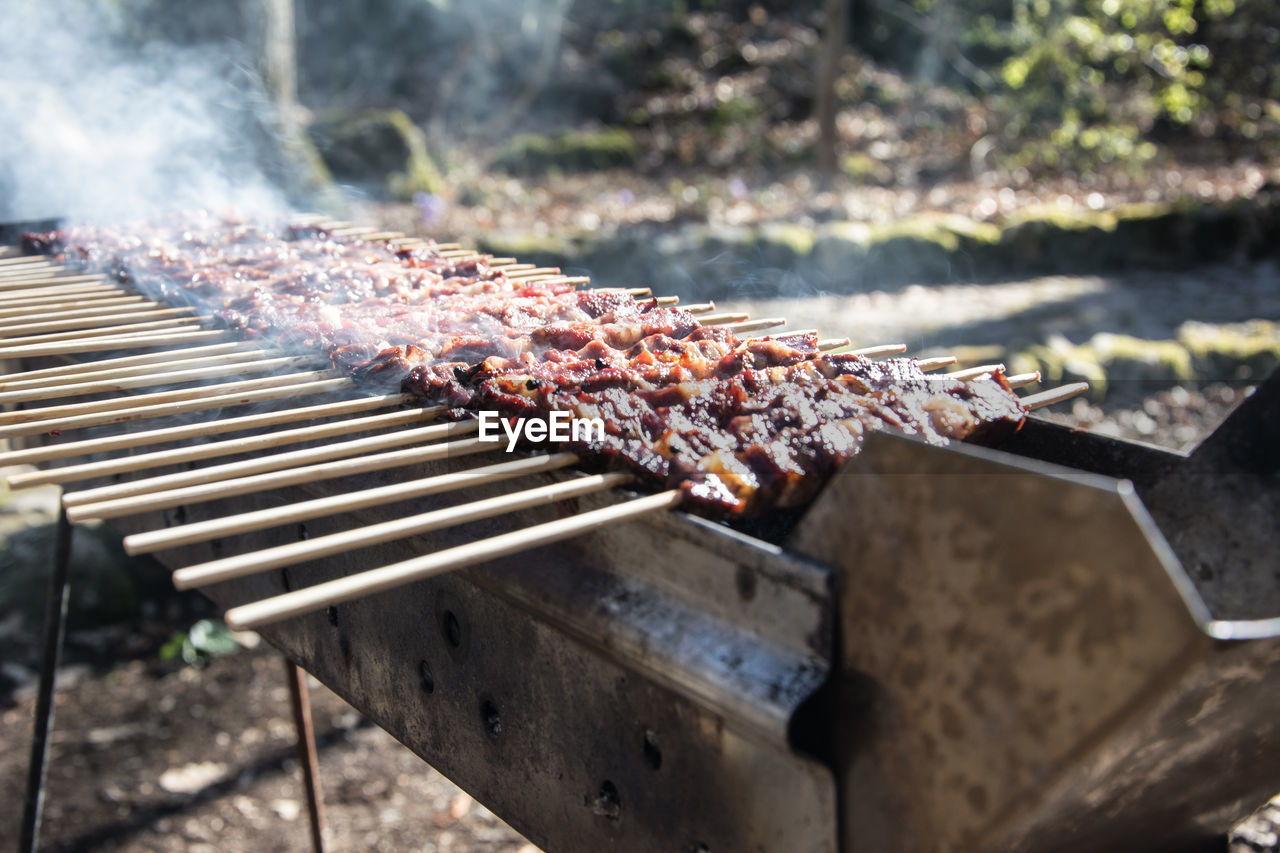 CLOSE-UP OF MEAT ON BARBECUE