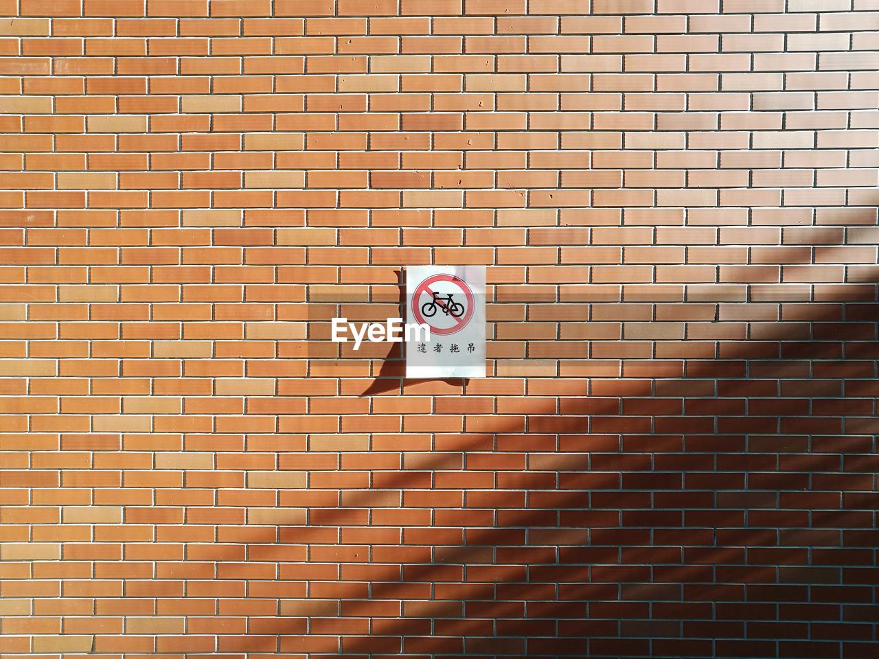No cycling sign on brick wall on during sunny day