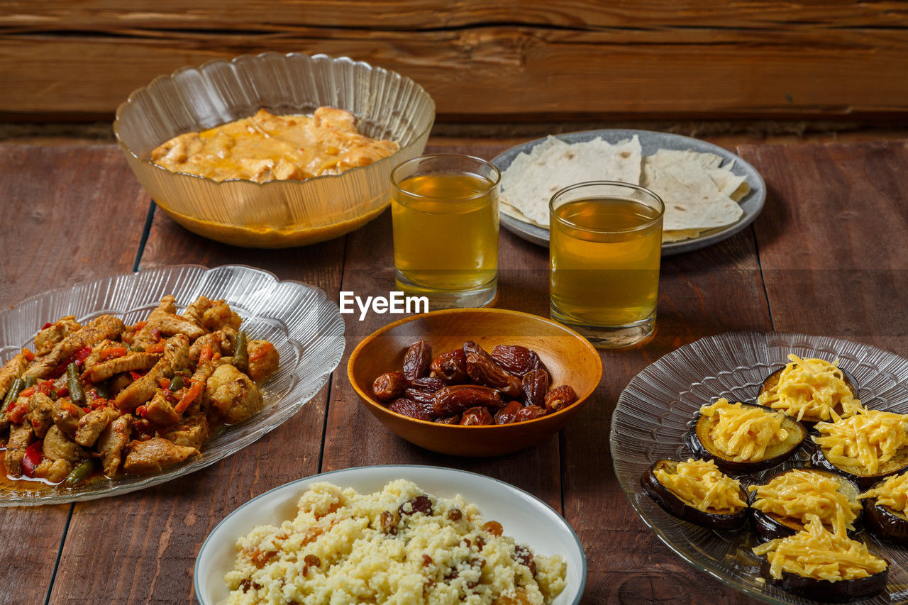 high angle view of food in bowls on table