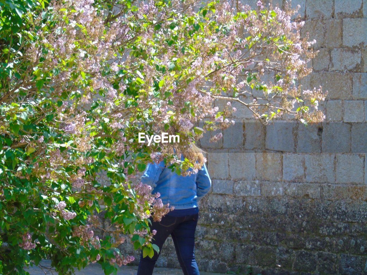 Rear view of woman with cropped flower tree in foreground