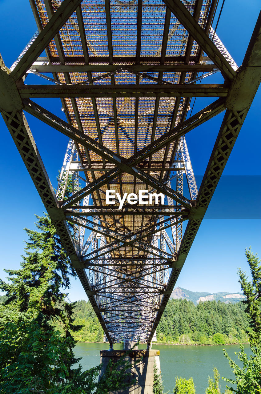 Low angle view of metal bridge against blue sky