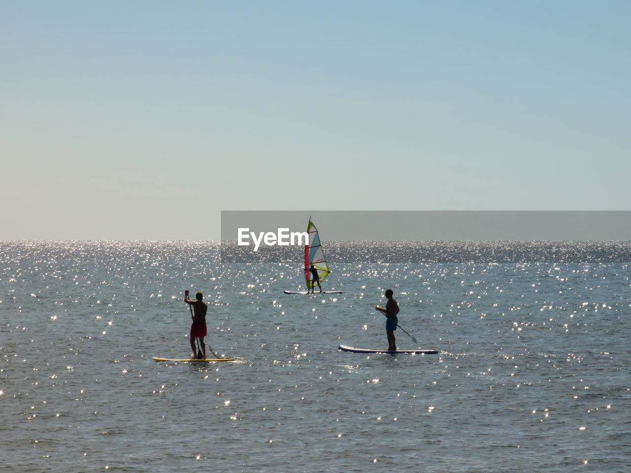 Silhouette men paddleboarding and windsurfing on sea against sky