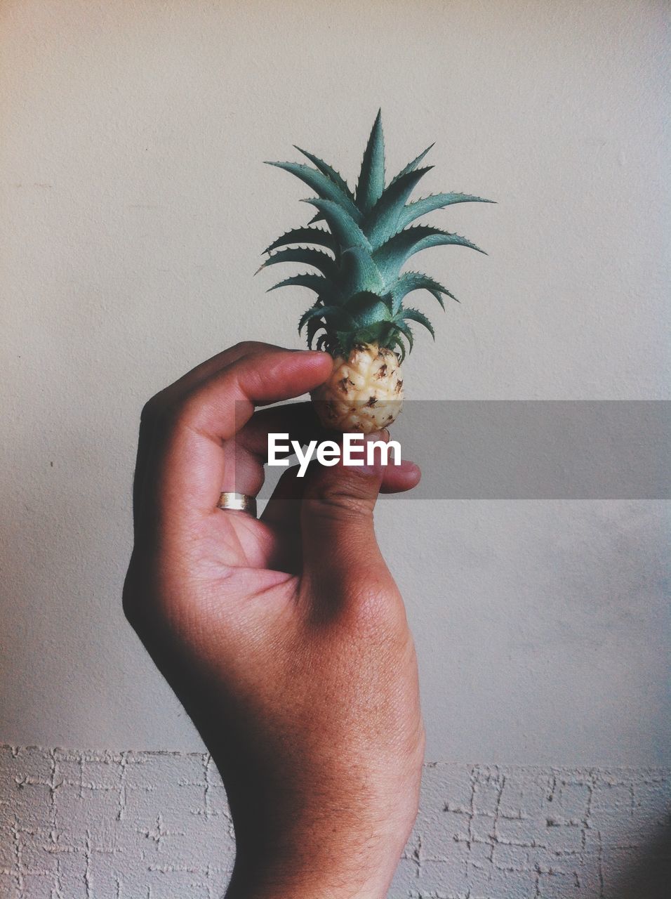 Cropped image of person holding pineapple against wall