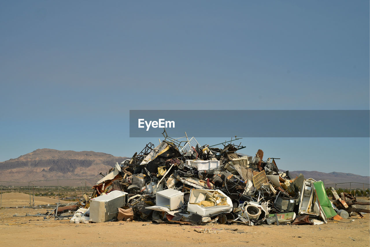 Landfill junkyard pile of debris in mojave desert town of pahrump, nevada, usa
