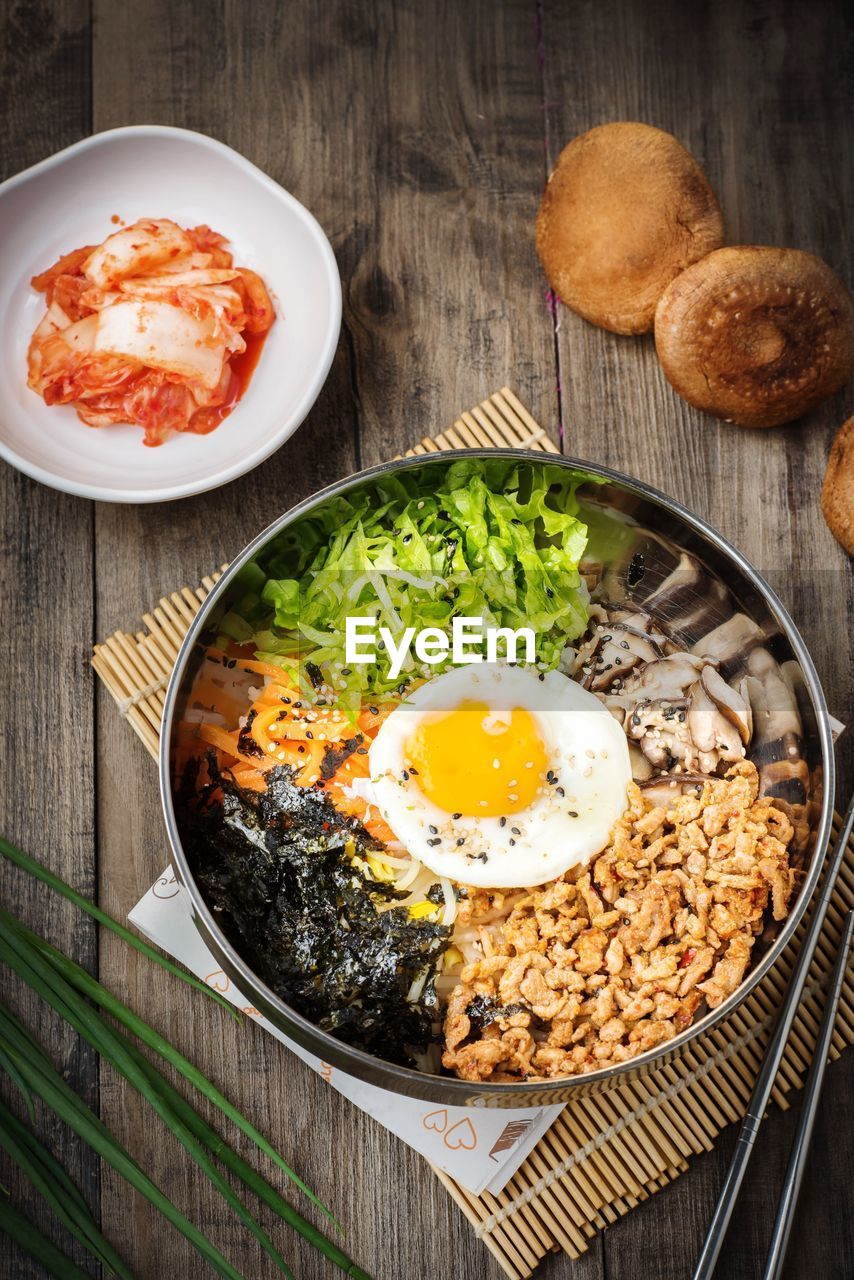 High angle view of food served on table