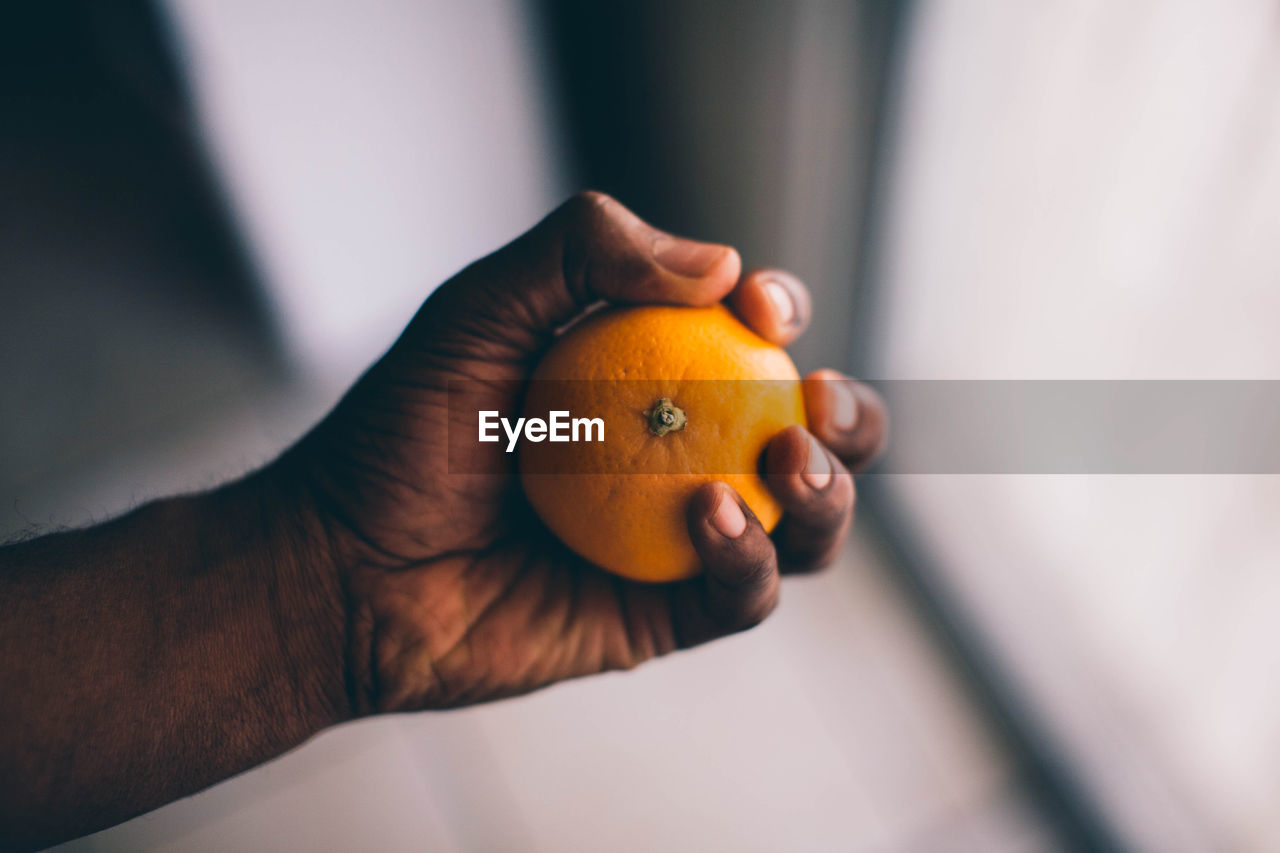 Close-up of hand holding orange 