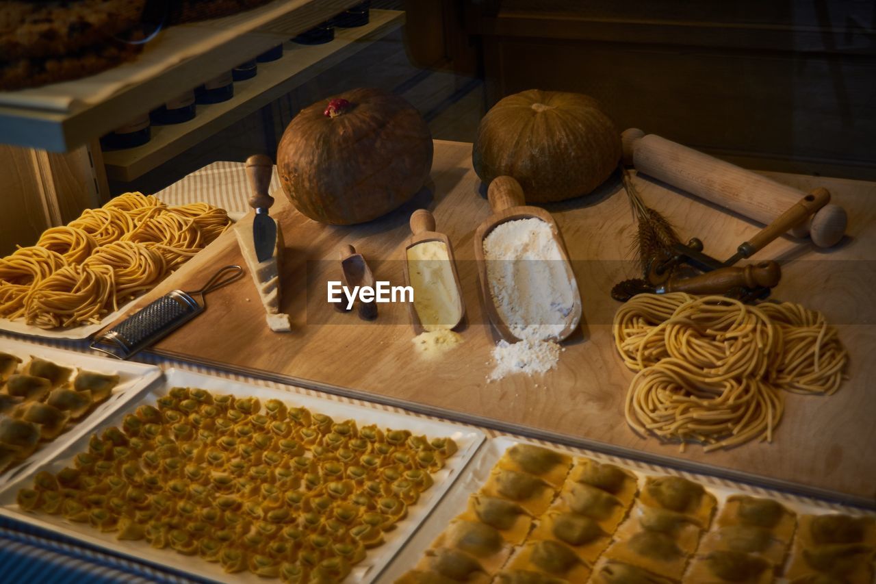 High angle view of raw food on table