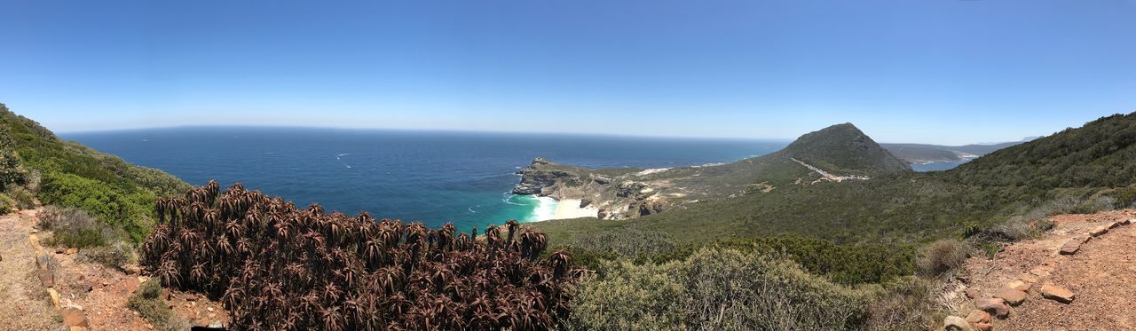 Panoramic view of sea against clear blue sky