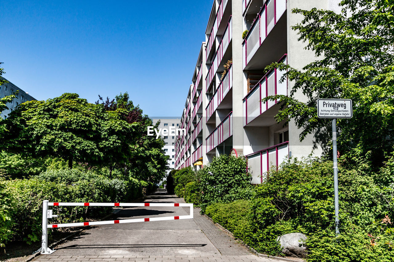 Road amidst plants and trees against sky in city