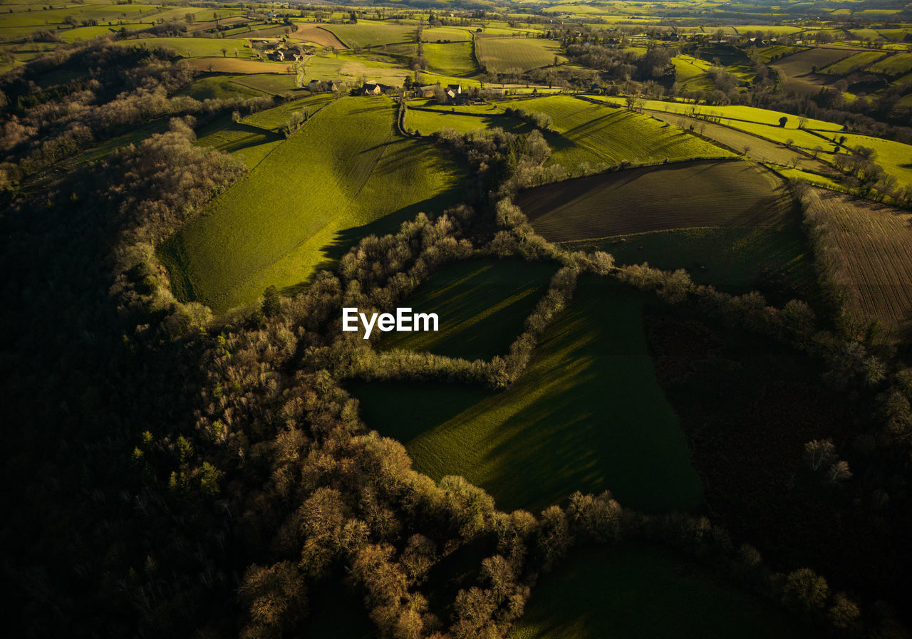 Green fields in aveyron drone view