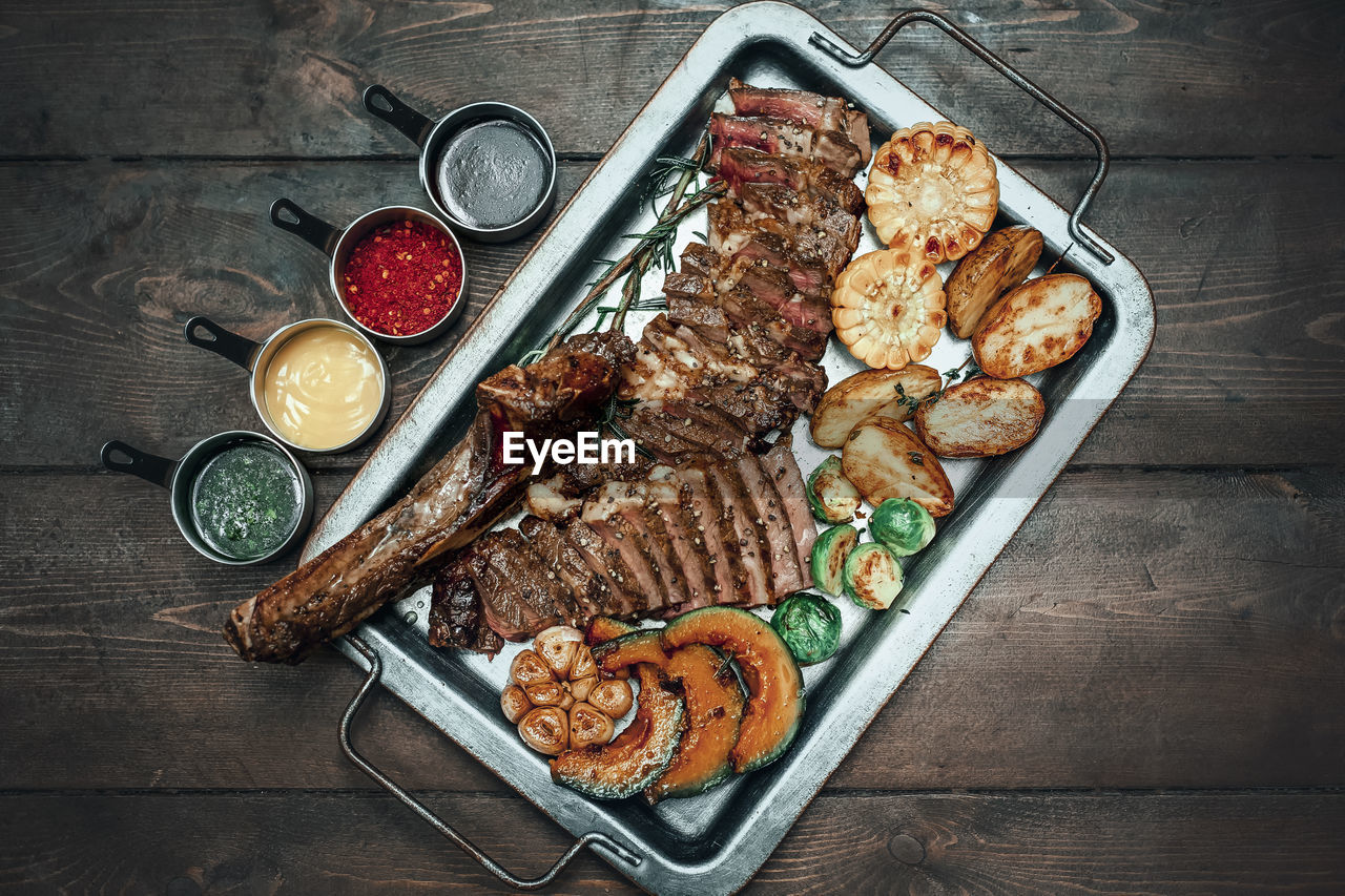 High angle view of food served on table