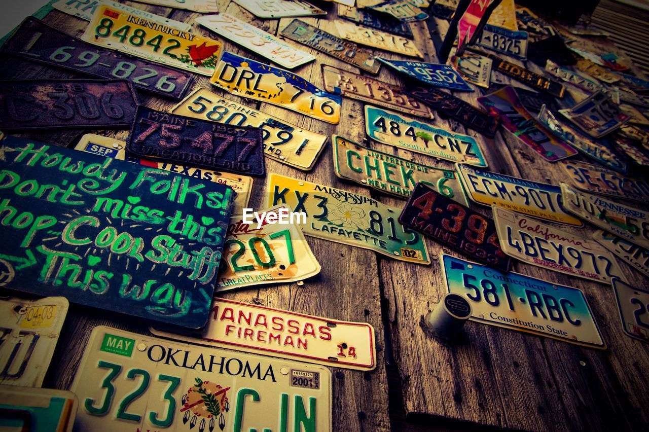 High angle view of license plates