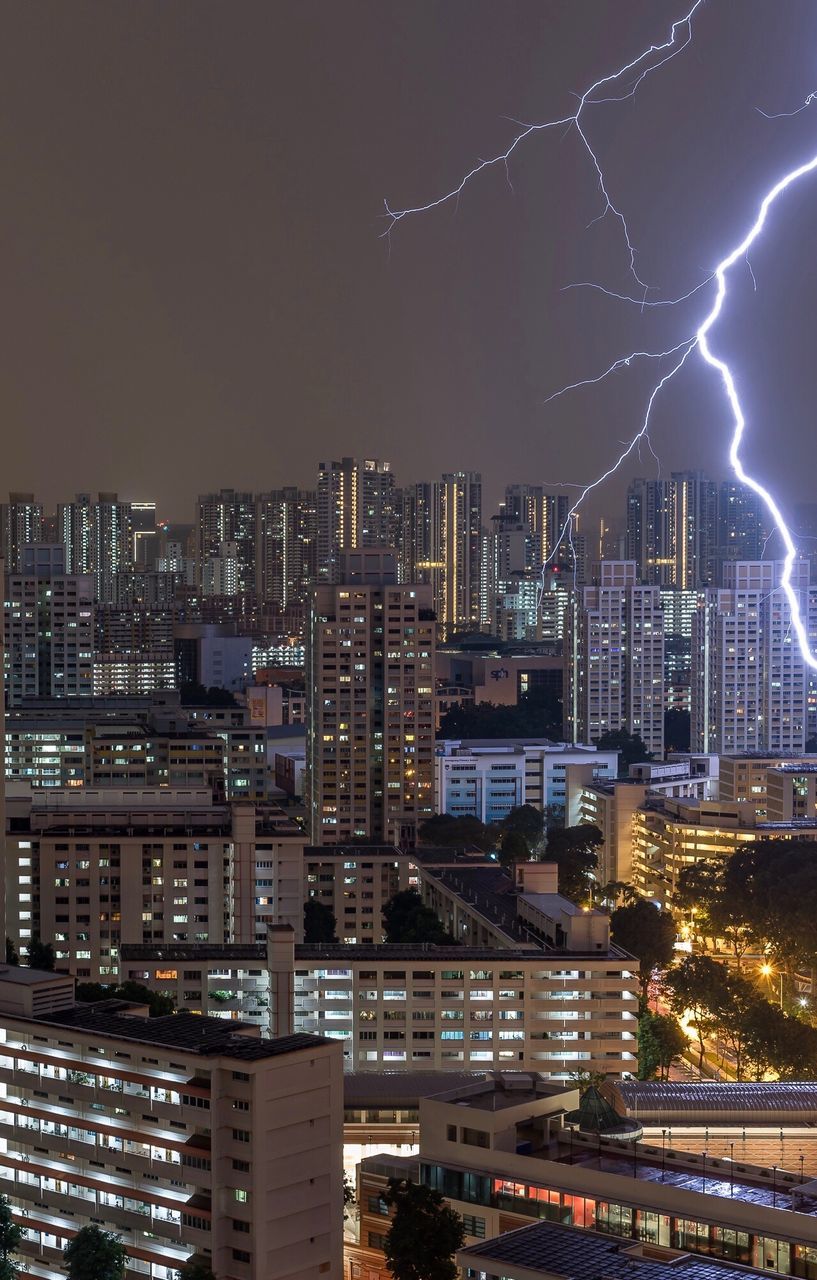 AERIAL VIEW OF ILLUMINATED CITYSCAPE AT NIGHT