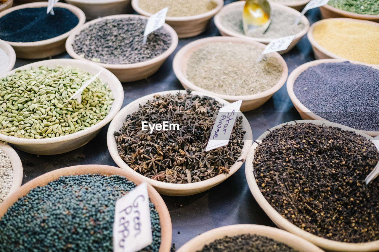 High angle view of food for sale at market stall