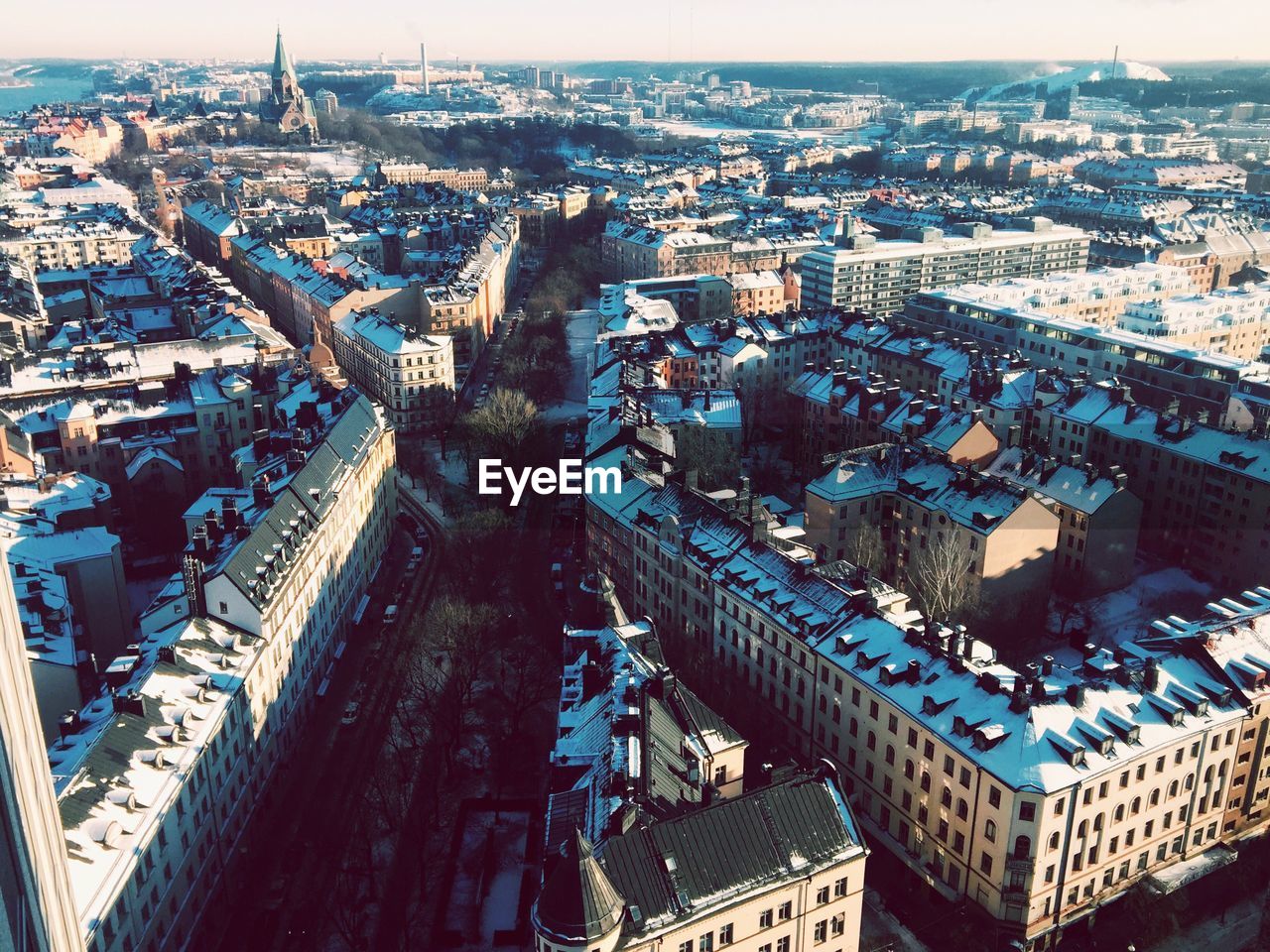 High angle view of buildings in city