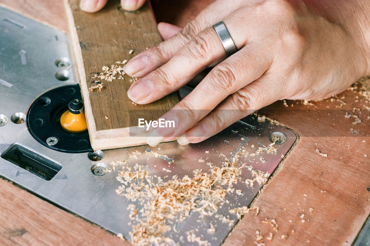 High angle view of person working on table