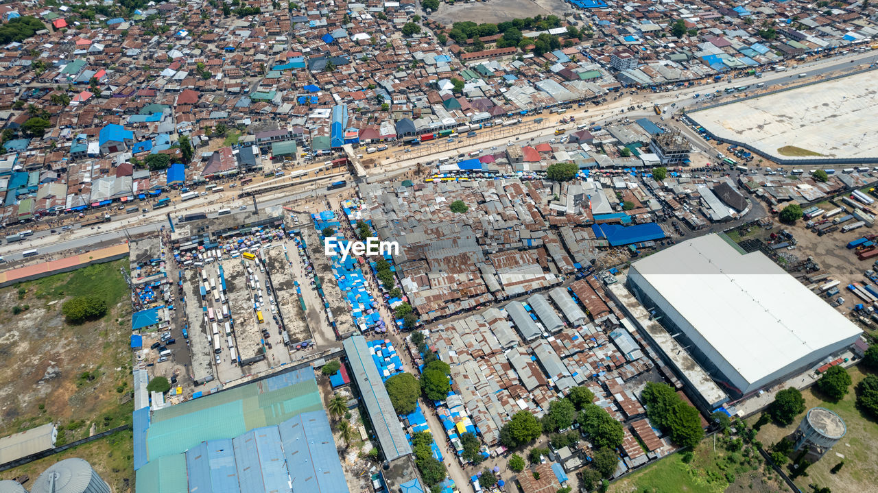 High angle view of buildings in city