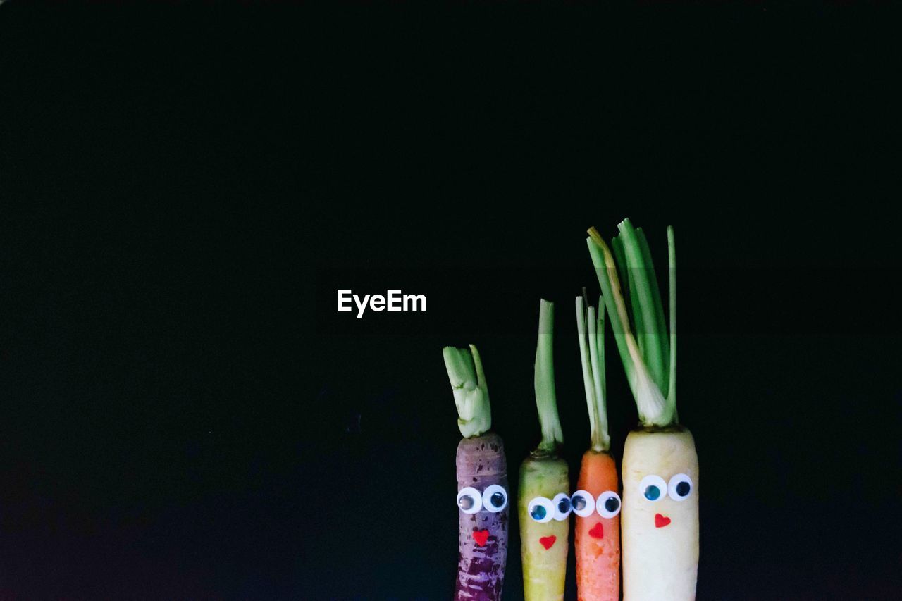 Close-up of colored carrots with big eyes against black background
